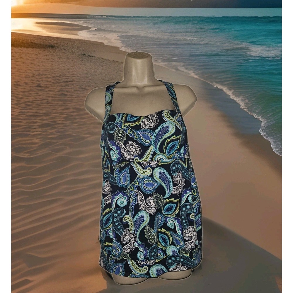 LANDS END Womens Size 10 Paisley Print Sqare Neck Tankini Top Built In Bra